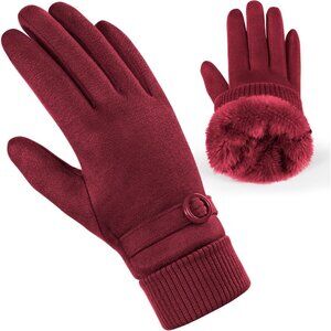 Women's Red Winter Cold Weather Windproof Thermal Fleece Cuff Lined Gloves